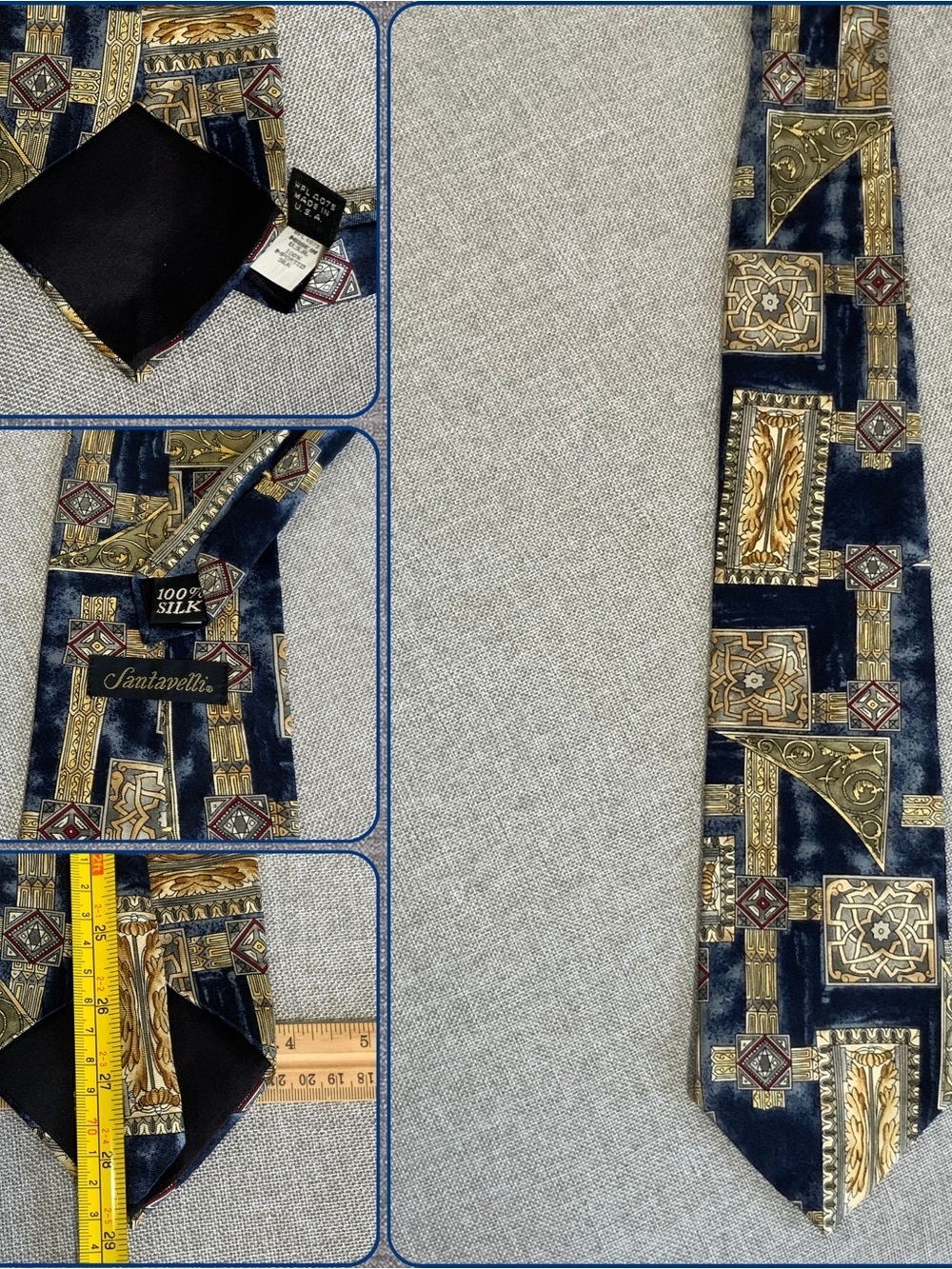 Vintage Santavelli Silk Geometric Wide Tie Navy Gold
